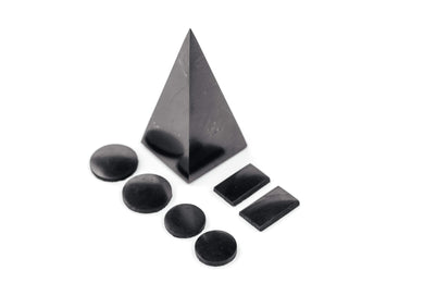 Shungite High Pyramid 8 cm. + Shungite Sticker Plate for phone 6 pcs. Set Shungite Gift Set Karelian Masters