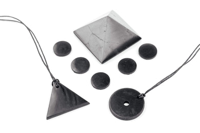 Shungite Pyramid 2 inch. + Shungite Necklace Pendants + Shungite Sticker Plate for Phone. Set Shungite Gift Set Karelian Masters