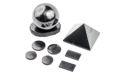 Shungite Pyramid 2 inch. + Shungite Sphere 2 inch. + Shungite Sticker Plates for Phone. Set Shungite Gift Set Karelian Masters