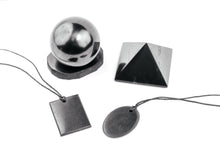Load image into Gallery viewer, Shungite Pyramid 2 inch. + Shungite Sphere (+ stand) + Shungite Necklace Pendant. Set Shungite Gift Set Karelian Masters
