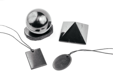 Shungite Pyramid 2 inch. + Shungite Sphere (+ stand) + Shungite Necklace Pendant. Set Shungite Gift Set Karelian Masters