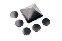 Load image into Gallery viewer, Shungite Pyramid 2 inch. + Shungite Sticker Plates for Phone 5 pcs. Set Shungite Gift Set Karelian Masters
